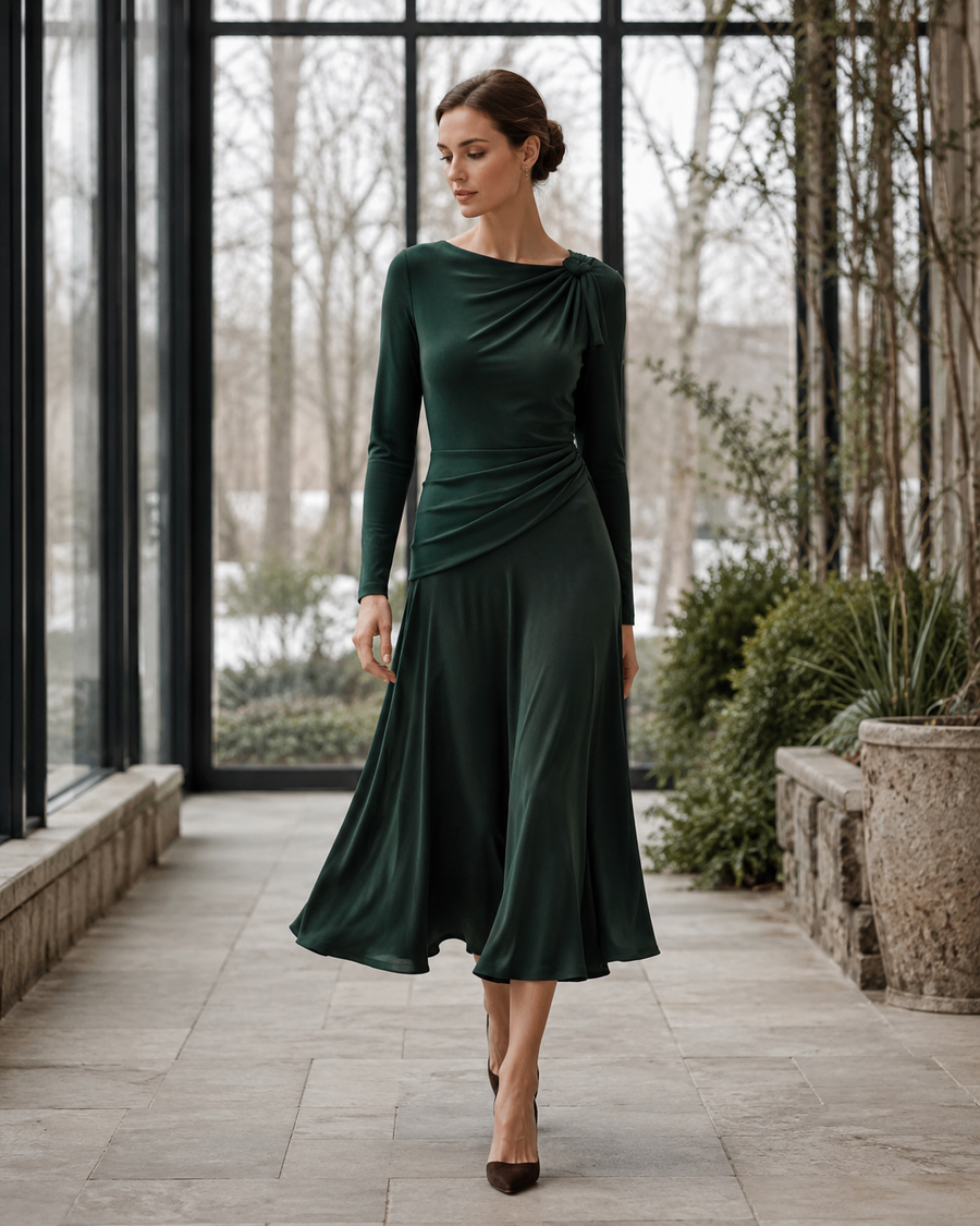 Mirelle Crescent-Drape Knit Midi Dress