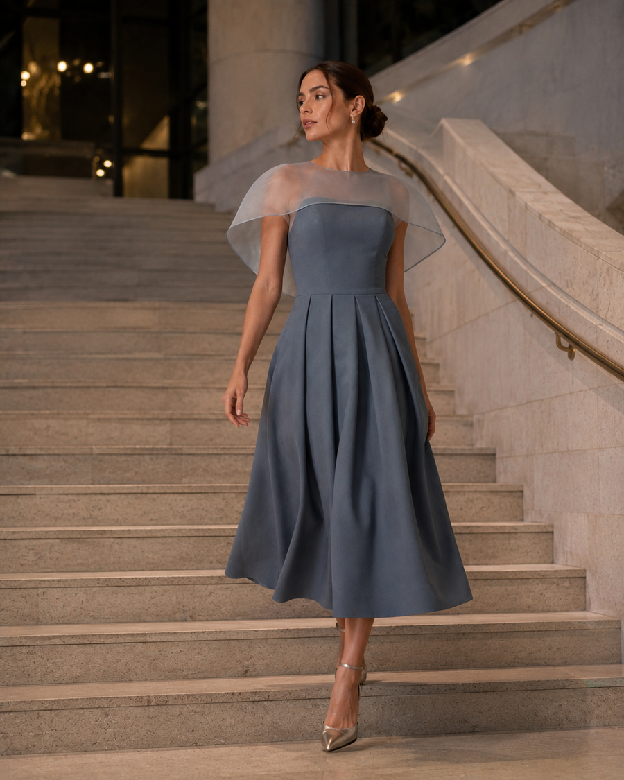 Liora Halo-Panel Evening Midi Dress